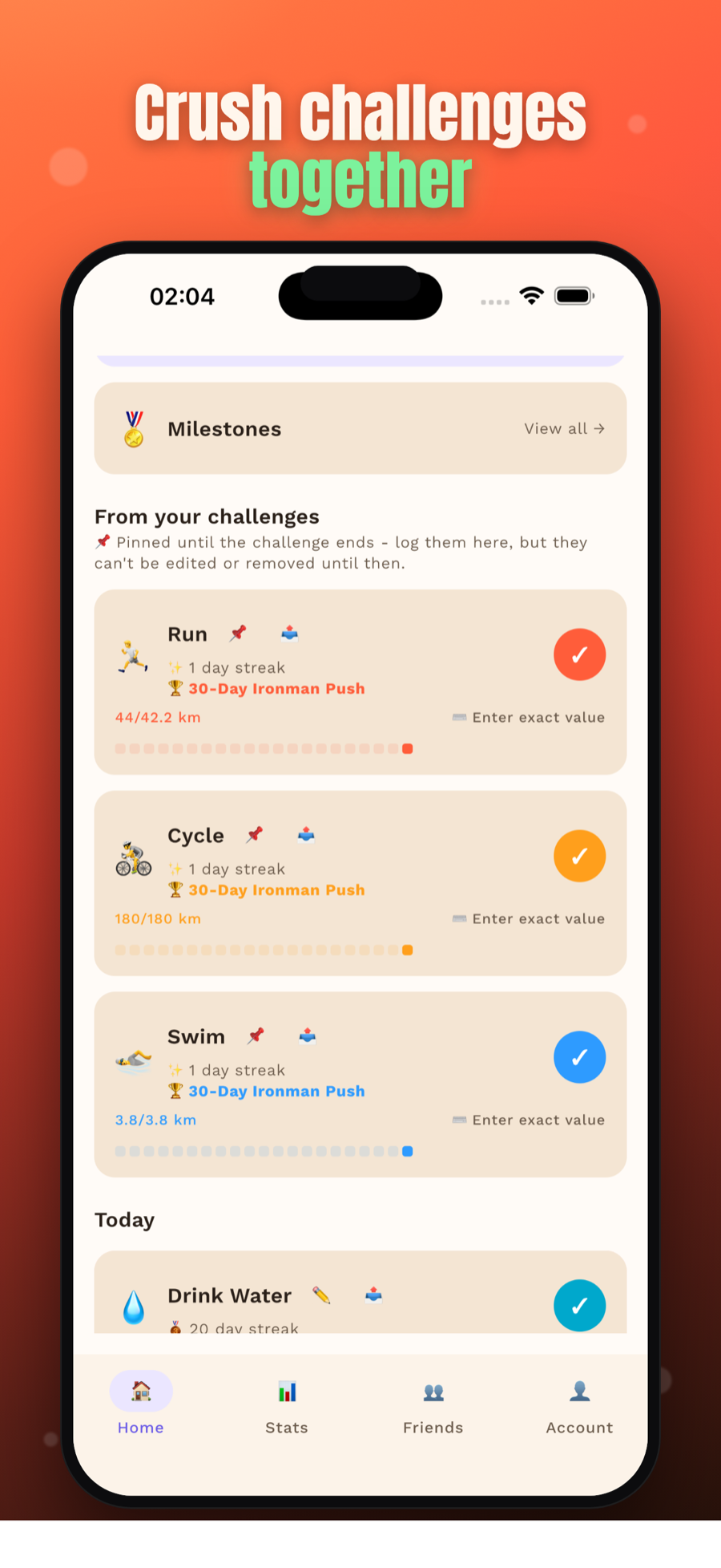 StackDays home screen with Run, Cycle, and Swim habits pinned from a 30-day endurance challenge