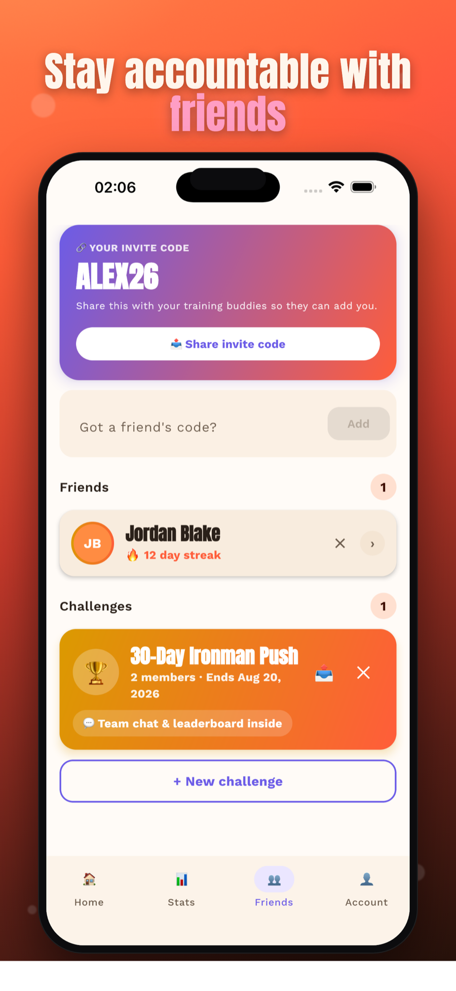 StackDays friends screen with invite code, a connected friend, and an active challenge